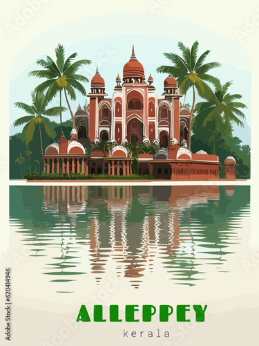 Beautiful retro-styled poster of with a city and the name Alleppey in Kerala