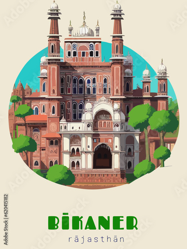 Beautiful retro-styled poster of with a city and the name Bīkaner in Rājasthān