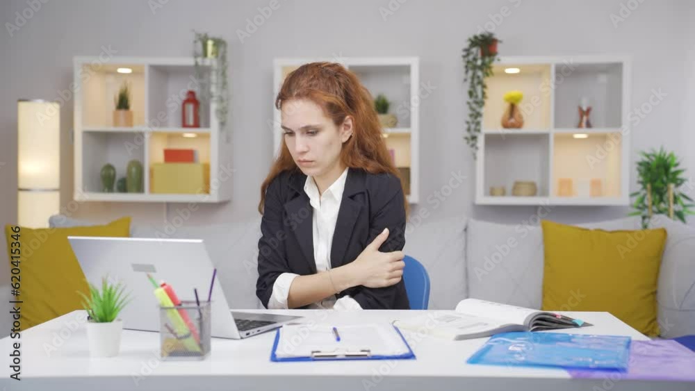 Home office worker woman cold, feeling cold. Home office worker woman cold, feeling cold.