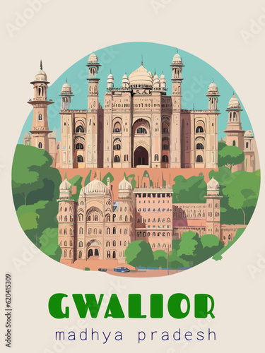 Beautiful retro-styled poster of with a city and the name Gwalior in Madhya Pradesh photo