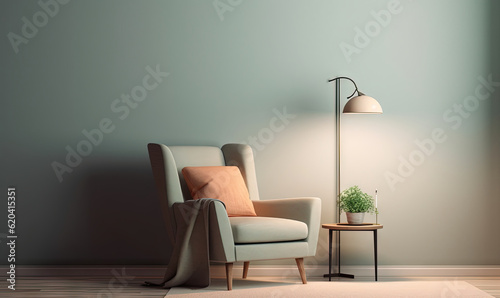  a chair and a table in a room with a lamp.  generative ai