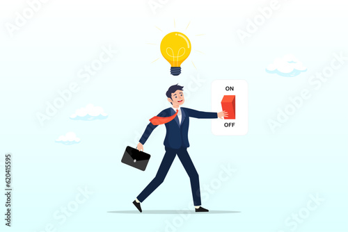 Smart businessman turn on light bulb switch to lit up idea, business idea and solution to solve company problem or innovation and strategy to win business success concept (Vector)