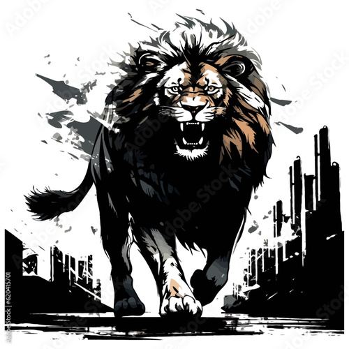 Lion running vector black illustration, lion vector art , isolated on white background.