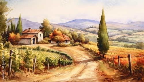 Watercolor landscape with a vineyard and a house