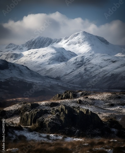 Snow gently covering the rugged peaks of Snowdonia  the mountains appearing like slumbering giants under a blanket of white.