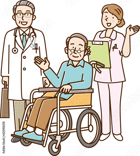 医者と女性看護師と車椅子に乗ったシニア男性
