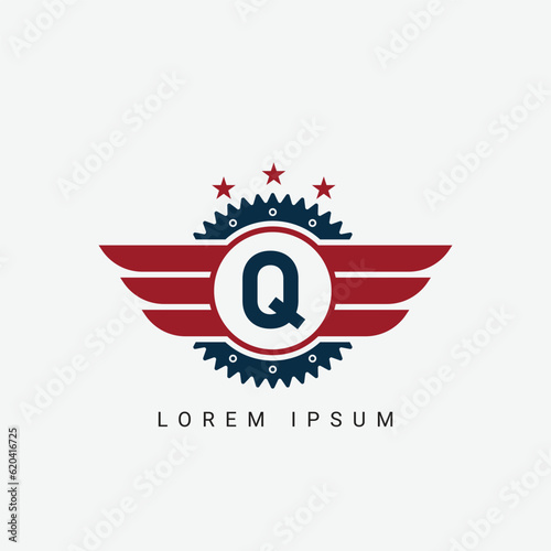 Alphabet letter Q logo mechanical circle shape concept with wings ornament silhouette