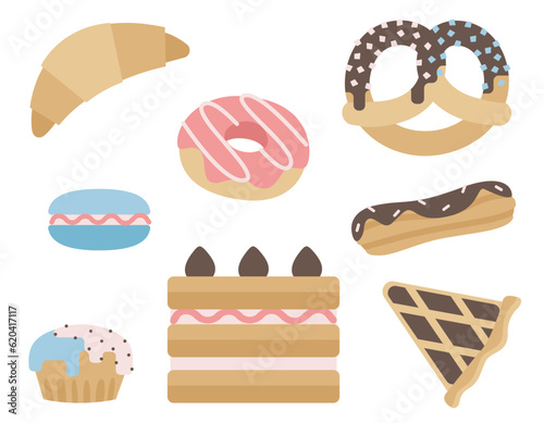 Set of different sweets. Delicious pastries in flat style.