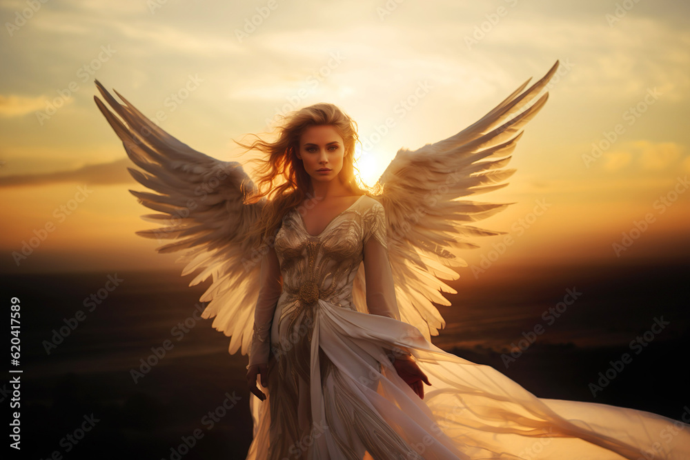 AI generated image of woman with angel wings - obrazy, fototapety, plakaty 