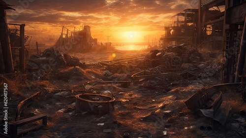 Obraz na płótnie A stunning wallpaper featuring a sunset over a scrapyard