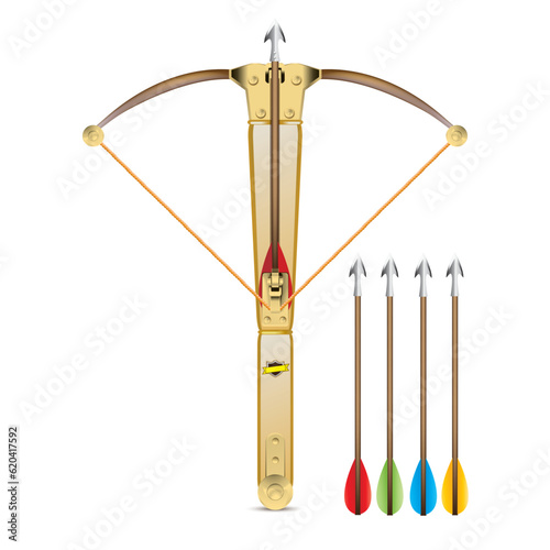Realistic battle crossbow with arrows on a white background. Vector illustration.