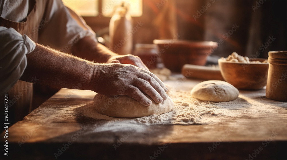 kitchen chef knead flour hands food cook pastry dough baker. Generative AI.