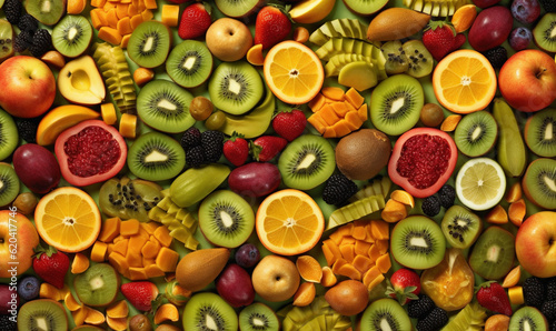  a bunch of different fruits are arranged in the shape of a wall. generative ai