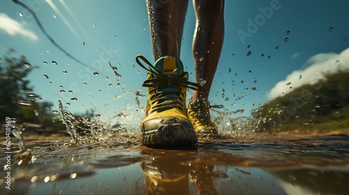 Muddy sneakers showcase the grit inherent in sports, embodying the resilience concept that's fundamental to athletic pursuits and triumphs. Generative AI photo