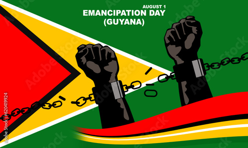a pair of hands bound in chains against the background of the Guyana flag commemorating Emancipation Day (Guyana)
 photo