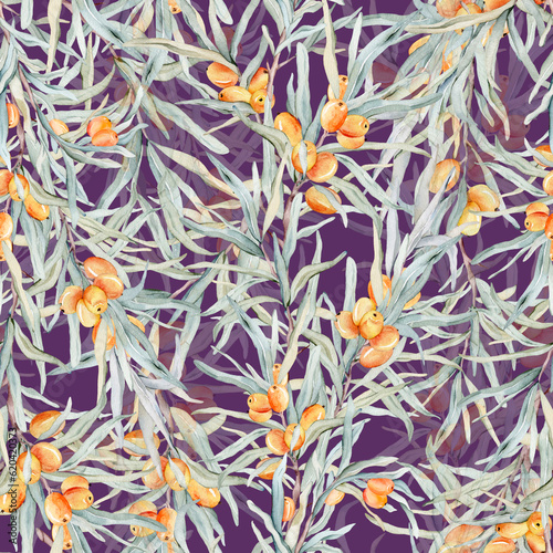 Pattern with orange sea buckthorn. Sea buckthorn for healthy life and design background. Hand painted. Botanical natural. Seamless pattern  an illustration for postcards  posters  textile design.