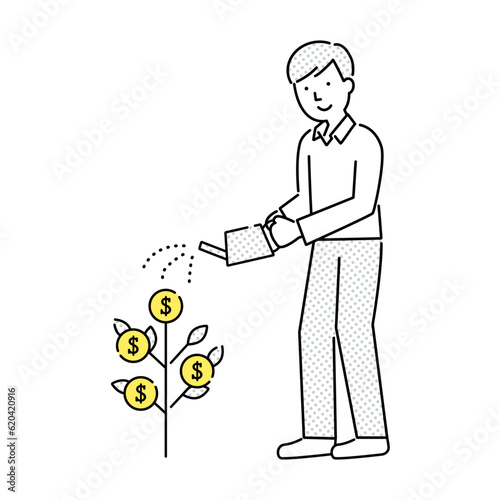 お金（$）のなる木に水やりをする男性のベクターイラスト