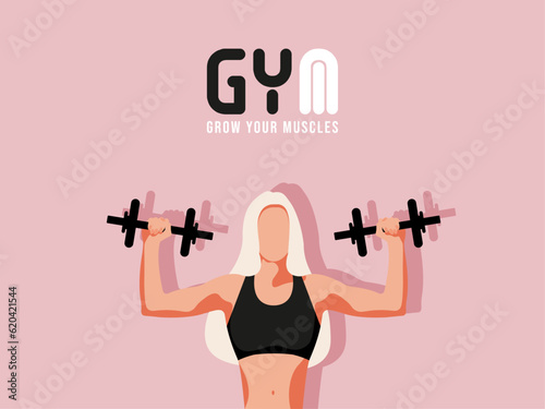 Fitness girl in gym, barbells dumbbells fitness,  crossfit logo