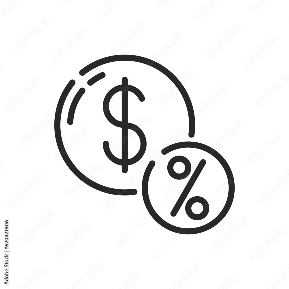 Discount Money Sign Icon. Vector Linear Editable Sign of Coin with a Sale Symbol, Representing Economic Savings and Discounts. Discount Money Sign Icon. Vector Linear Editable Sign of Coin with a Sale Symbol, Representing Economic Savings and Discounts.