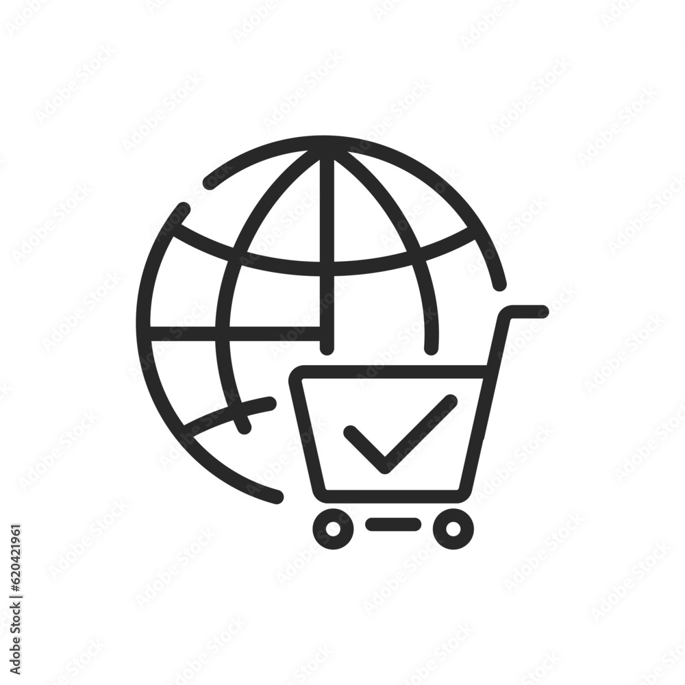Global Shopping Icon. Vector Linear Editable Sign of a Shopping Cart and Planet Network, Symbolizing E-commerce and International Trade. Ideal for Web, Online Shopping, and Global Business Concepts. Global Shopping Icon. Vector Linear Editable Sign of a Shopping Cart and Planet Network, Symbolizing E-commerce and International Trade. Ideal for Web, Online Shopping, and Global Business Concepts.