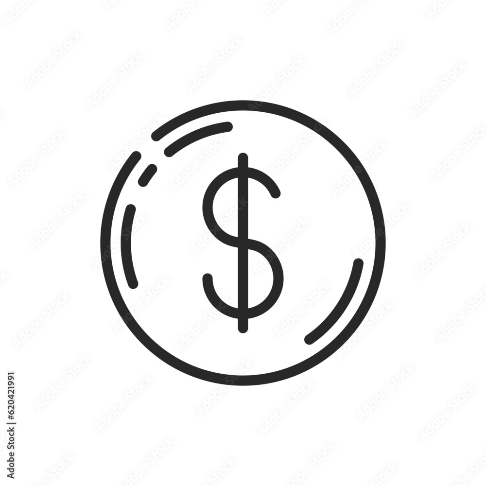 Obraz premium Round Coin Money Icon. Vector Linear Editable Sign of Dollar Coin. Perfect for Financial, Economic, and Monetary Projects. Vector Illustration of money saving and investment.