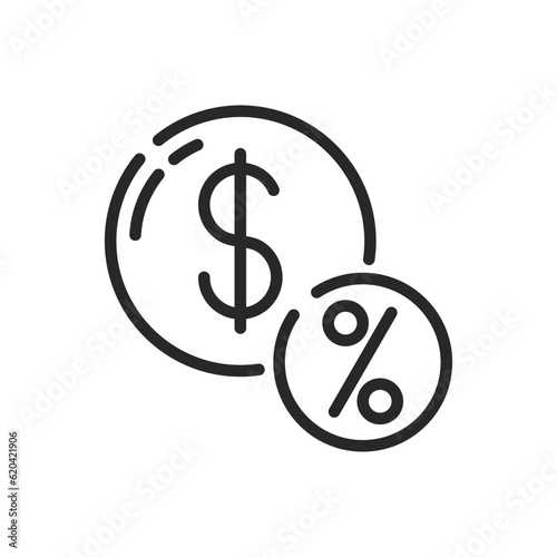 Discount Money Sign Icon. Vector Linear Editable Sign of Coin with a Sale Symbol, Representing Economic Savings and Discounts.