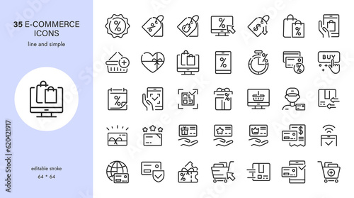 E-commerce and Online Shopping Vector Icons Set - Discounts, Sales, Online Shopping, Marketplace Promotion, Gifts, Coupons, Delivery, Customer Card, Online Offers, Cash on Delivery, Internet Payments.