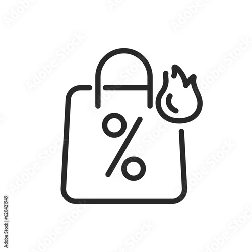 Hot Sale Packaging Icon. Vector Illustration of a Shopping Bag with Percentage and Fire Pictogram, Symbolizing Great Deals and Discounts.