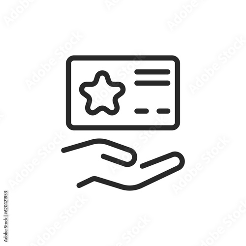 Member Card in Hand Icon. Vector Linear Editable Sign of Hand Holding a Membership Card, Symbolizing Loyalty Programs, Customer Rewards, and Retail Discounts.