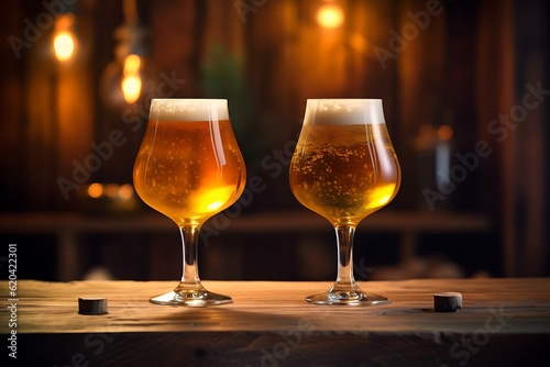 Two glasses of beer on a wooden table in a pub or restaurant ai generated