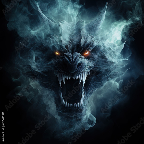 Image of an angry dragon face with fire smoke on black background. Mythical creatures. Illustration, Generative AI.