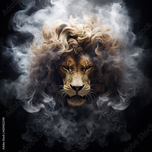 Image of an angry lion face with fire smoke on black background. Wildlife Animals. Illustration, Generative AI.