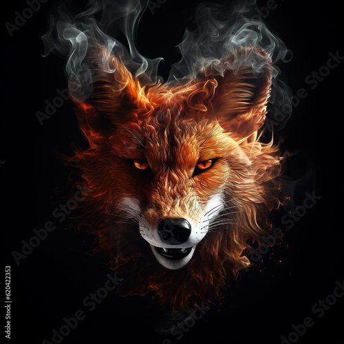 Image of an angry fox face with fire smoke on black background. Wildlife Animals. Illustration, Generative AI.