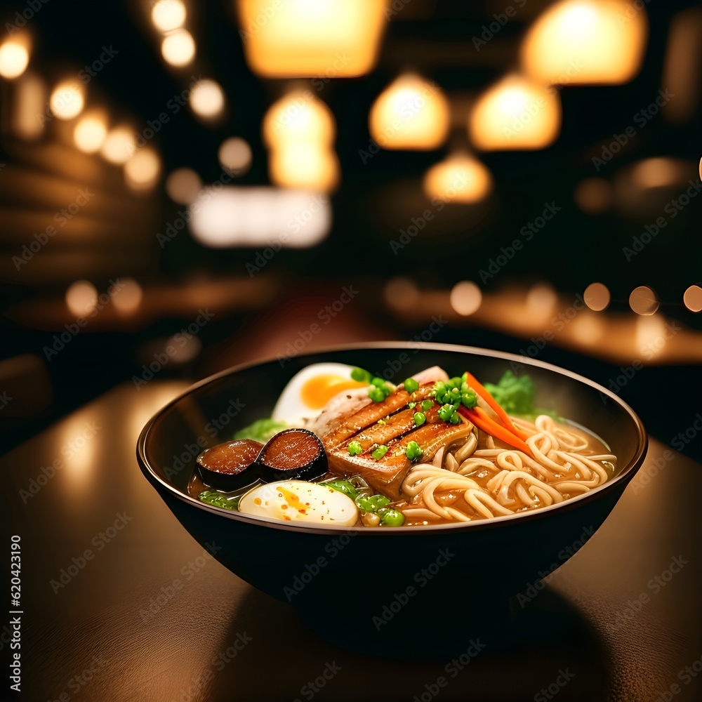 A bowl of ramen in dark, blurry light background 