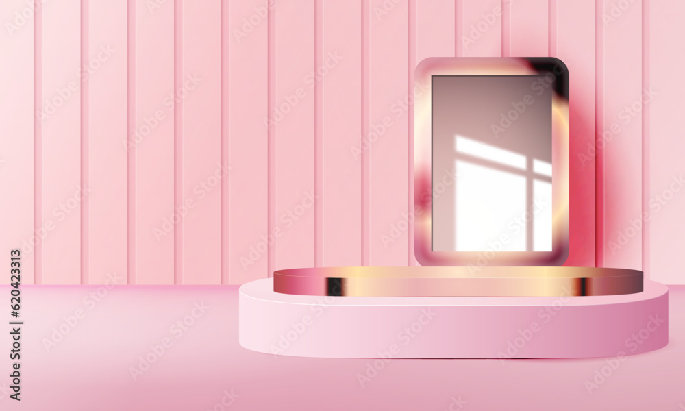  pink podium scene background with backdrop, for product presentation, mock up, show cosmetic.