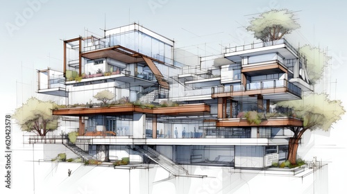 An intricate drawing depicts a sustainable project, showcasing eco-friendly design principles and innovative green solutions. Generative AI © TensorSpark