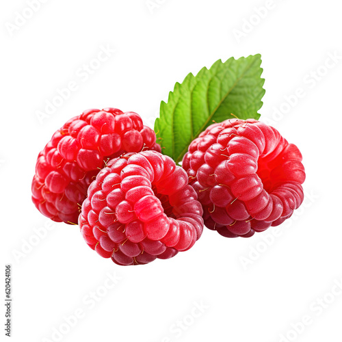 Ripe red raspberry with leaf isolated PNG Transparent background created with Generative AI, Clipping Path, Background Remove 