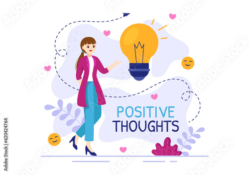 Positives Thoughts Vector Illustration with Thinking Positive as a Mindset in Symbolizing Creativity and Dreams Flat Cartoon Hand Drawn Templates