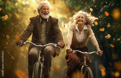 elderly couple riding bikes in park