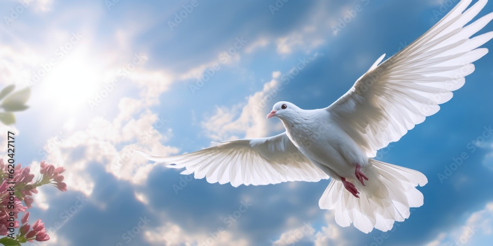 Fototapeta premium International Peace Day, White Dove Flying on Blue Sky Background, Bird of Peace Symbol. Generative Ai