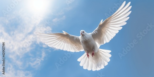 International Peace Day  White Dove Flying on Blue Sky Background  Bird of Peace Symbol. Generative Ai