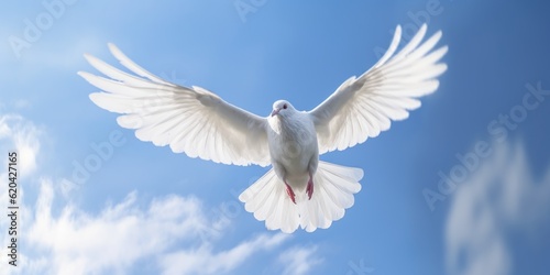 International Peace Day, White Dove Flying on Blue Sky Background, Bird of Peace Symbol. Generative Ai