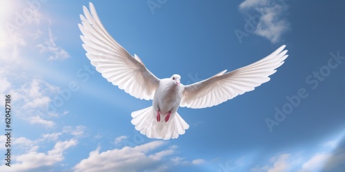 International Peace Day, White Dove Flying on Blue Sky Background, Bird of Peace Symbol. Generative Ai