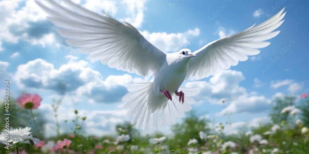 Obraz premium International Peace Day, White Dove Flying on Blue Sky Background, Bird of Peace Symbol. Generative Ai