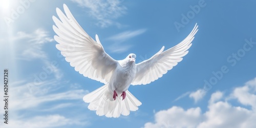 International Peace Day  White Dove Flying on Blue Sky Background  Bird of Peace Symbol. Generative Ai