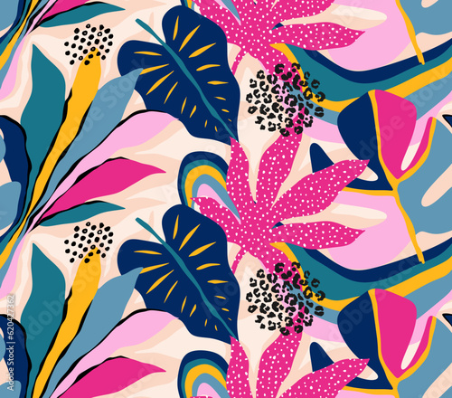 Modern exotic floral jungle seamless pattern.