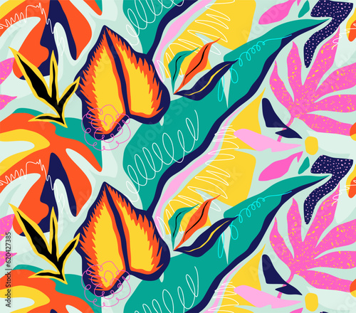 Modern exotic floral jungle pattern. Collage contemporary seamless pattern. Hand drawn cartoon style pattern.