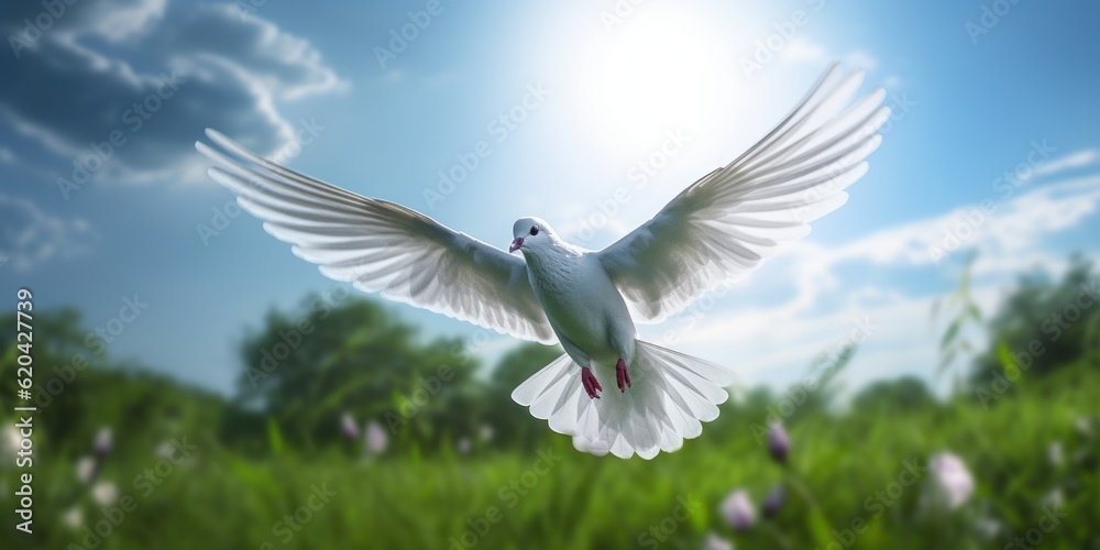 International Peace Day, White Dove Flying on Blue Sky Background, Bird of Peace Symbol. Generative Ai International Peace Day, White Dove Flying on Blue Sky Background, Bird of Peace Symbol. Generative Ai
