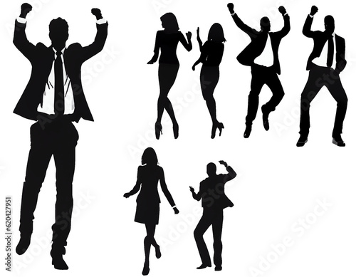  Silhouette of business people celebrating with joy Success on transparent background (PNG) AI generator