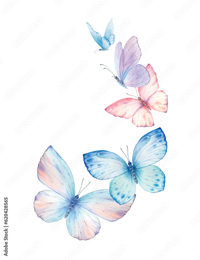 Butterflies Watercolor wreath isolated on white background. - obrazy, fototapety, plakaty 